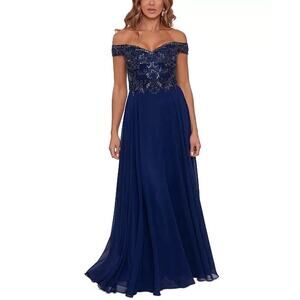 Xscape Goddess Ethereal Navy Off Shoulder Beaded Evening Chiffon Gown Flowy 8P